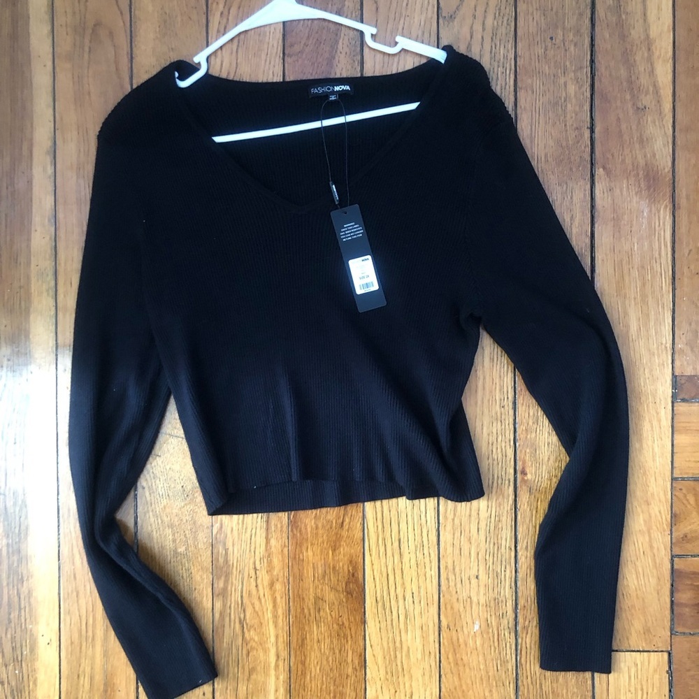 Fashion Nova Black Long Sleeve Fitted Crop Blouse - Picture 2 of 5